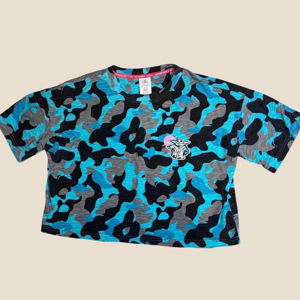 DISNEY Star Wars Grogu Camo Crop Top T-Shirt M Blue Baby Yoda Patch